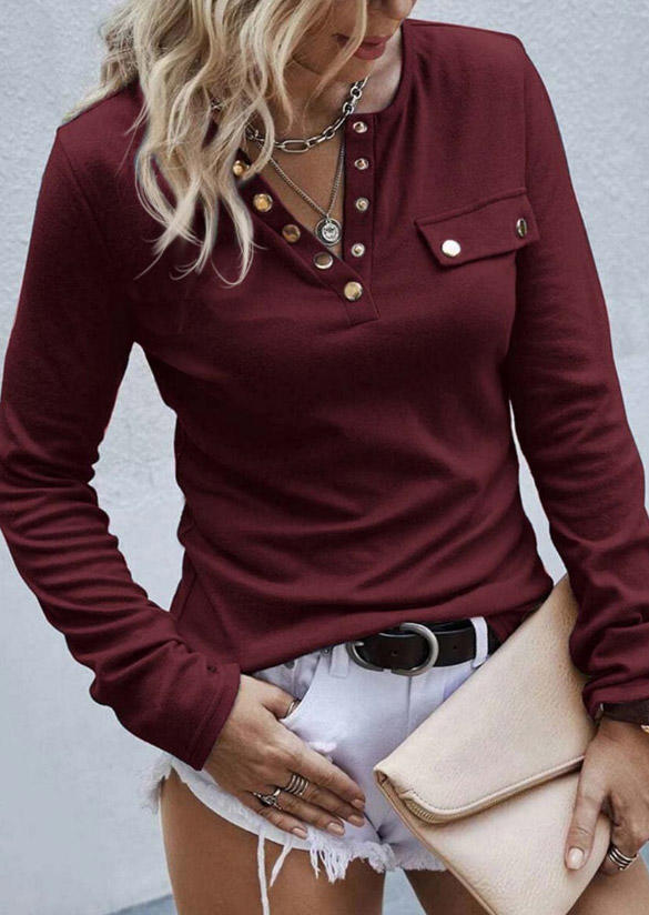 Blouses Button Notched Neck Long Sleeve Blouse - Burgundy in Red. Size: XL