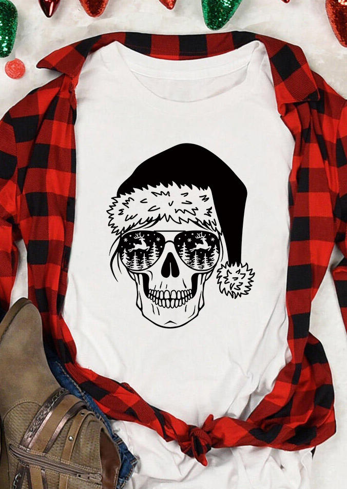 

T-shirts Tees Christmas Hat Skull Snowflake O-Neck T-Shirt Tee in White. Size