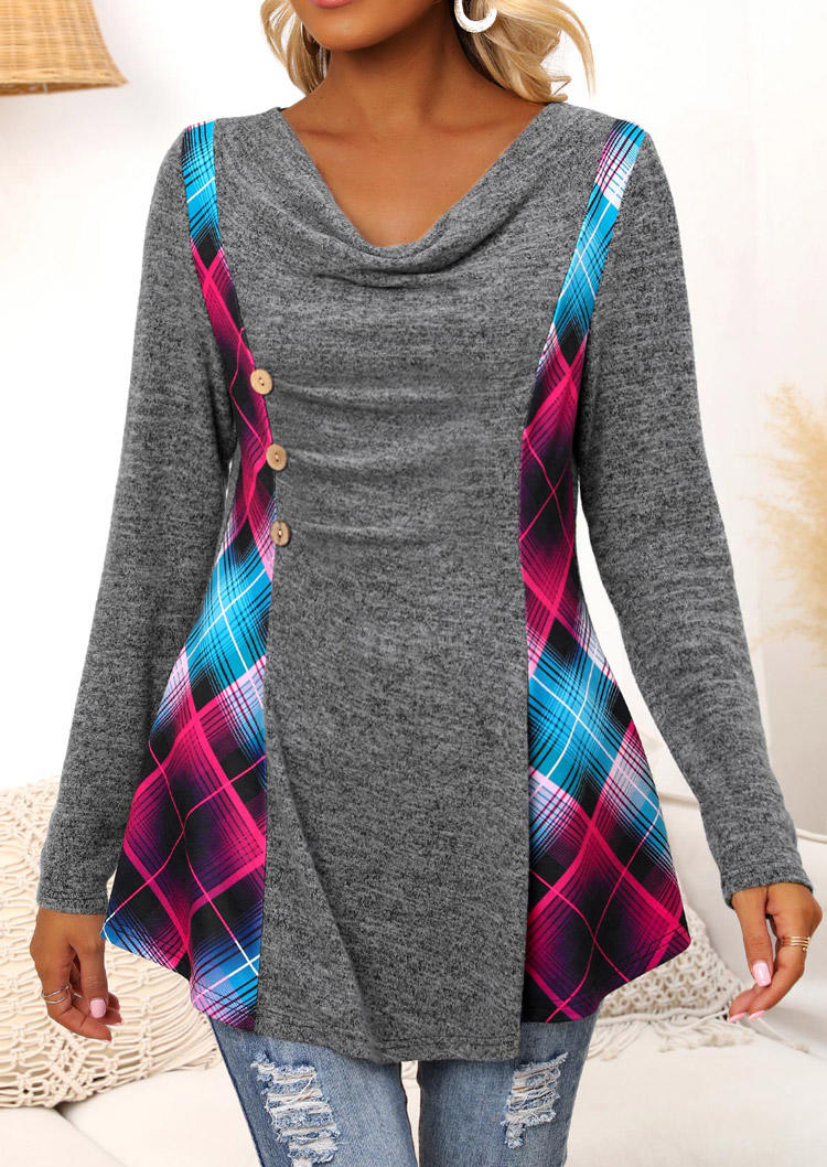 

Blouses Plaid Button Long Sleeve Blouse in Gray. Size: M