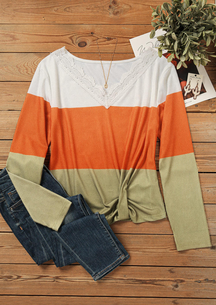 

Blouses Color Block Lace Splicing Twist Blouse in Multicolor. Size: L,M,,XL