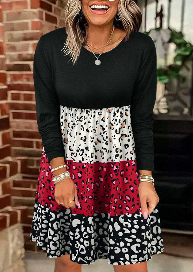 Color Block Leopard O-Neck Mini Dress