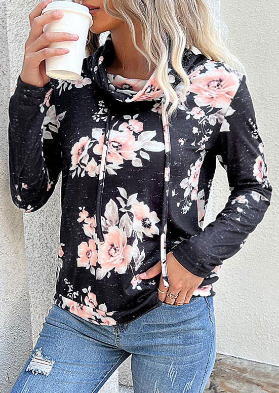 Sweatshirts Floral Cowl Neck Drawstring Sweatshirt in Black. Size: XL