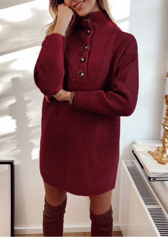 

Sweater Dresses Button Long Sleeve Turn-Down Collar Sweater Dress - Burgundy in Red. Size: L,M,,XL