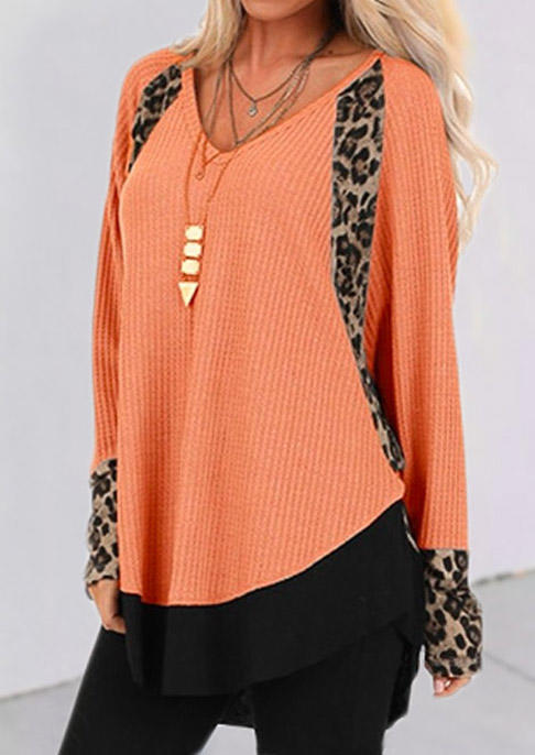 Leopard Raglan Sleeve Casual Blouse - Orange