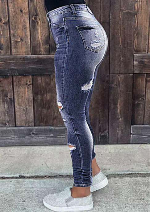 

Pants Ripped Hole Button Pocket Denim Pants - Dark Blue in Blue. Size: L,M,,XL