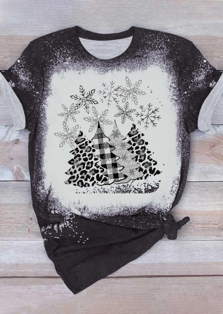 Christmas Tree Snowflake Leopard Plaid Bleached T-Shirt Tee - Black