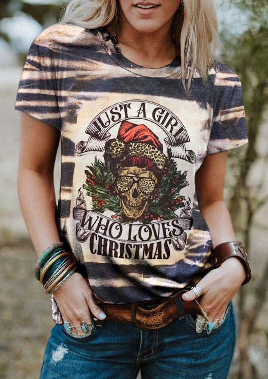 Just A Girl Who Loves Christmas Leopard Skull T-Shirt Tee - Dark Grey
