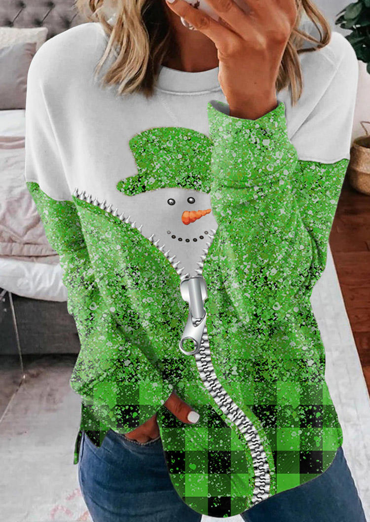 Sweatshirts Christmas Snowman Plaid Pullover Sweatshirt in Green. Size: L,M,S