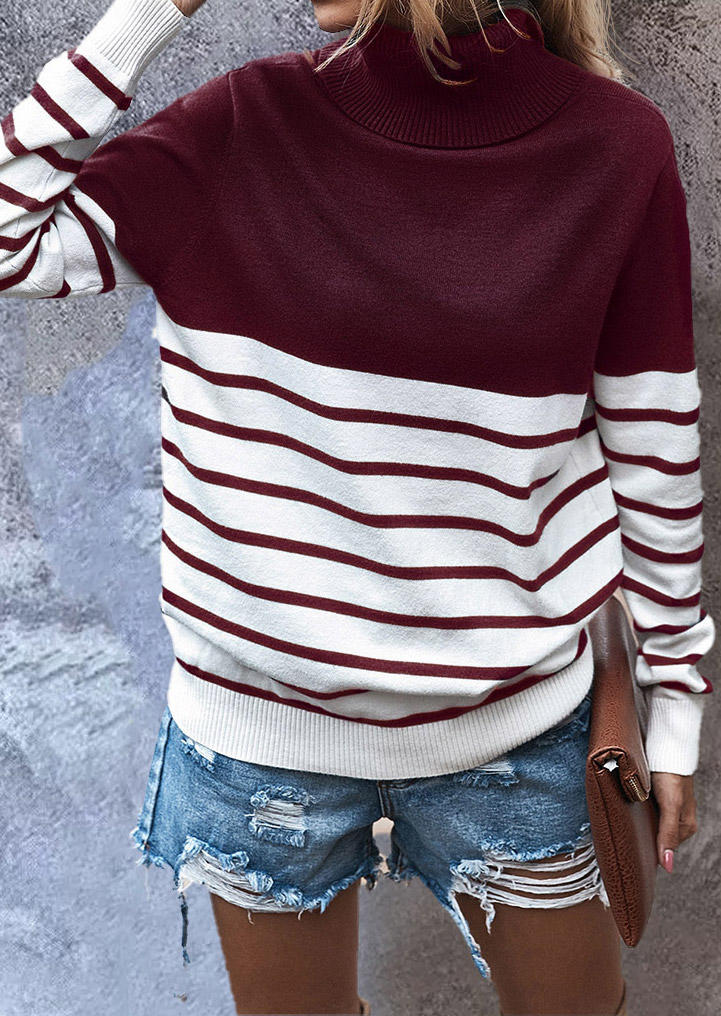 Sweaters Striped Turtleneck Long Sleeve Sweater - Burgundy in Red. Size: M