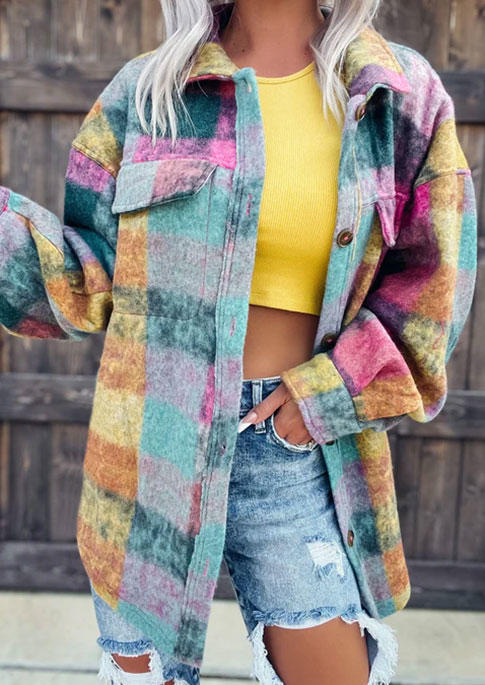 

Coats Colorful Plaid Pocket Button Turn-down Collar Coat in Multicolor. Size: L