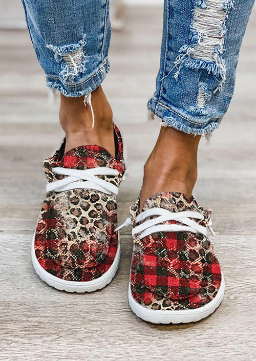 Sneakers Plaid Leopard Flat Sneakers in Red. Size: 37,39,40,41