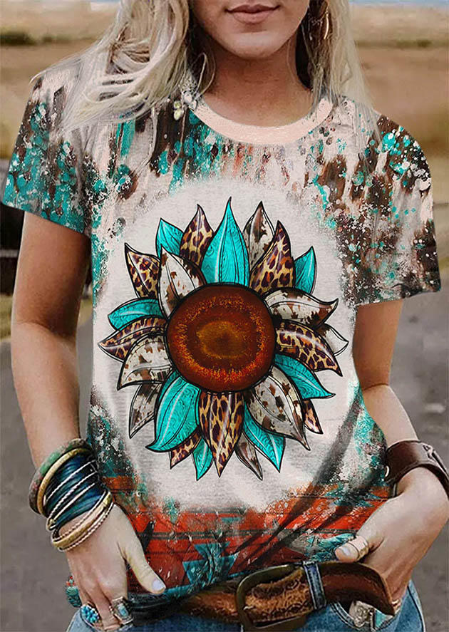 Sunflower Leopard Cow Turquoise Bleached T-Shirt Tee