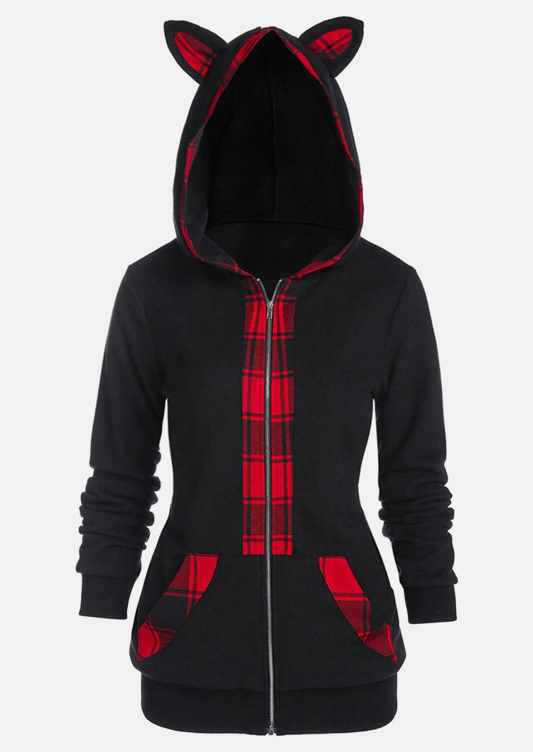 

Hoodies Plaid Pocket Zipper Cat Ear Hoodie in Multicolor. Size: L