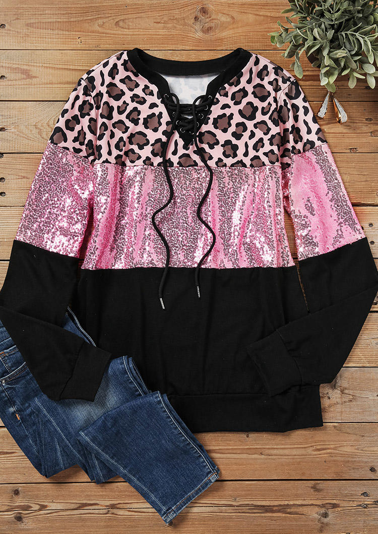 

Sweatshirts Leopard Color Block Lace Up Sweatshirt in Multicolor. Size