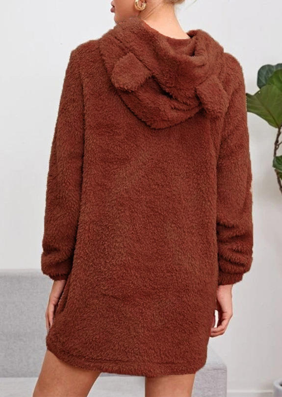 Mini Dresses Fuzzy Warm Long Sleeve Hoodie Mini Dress in Brown. Size: L,M,S,XL
