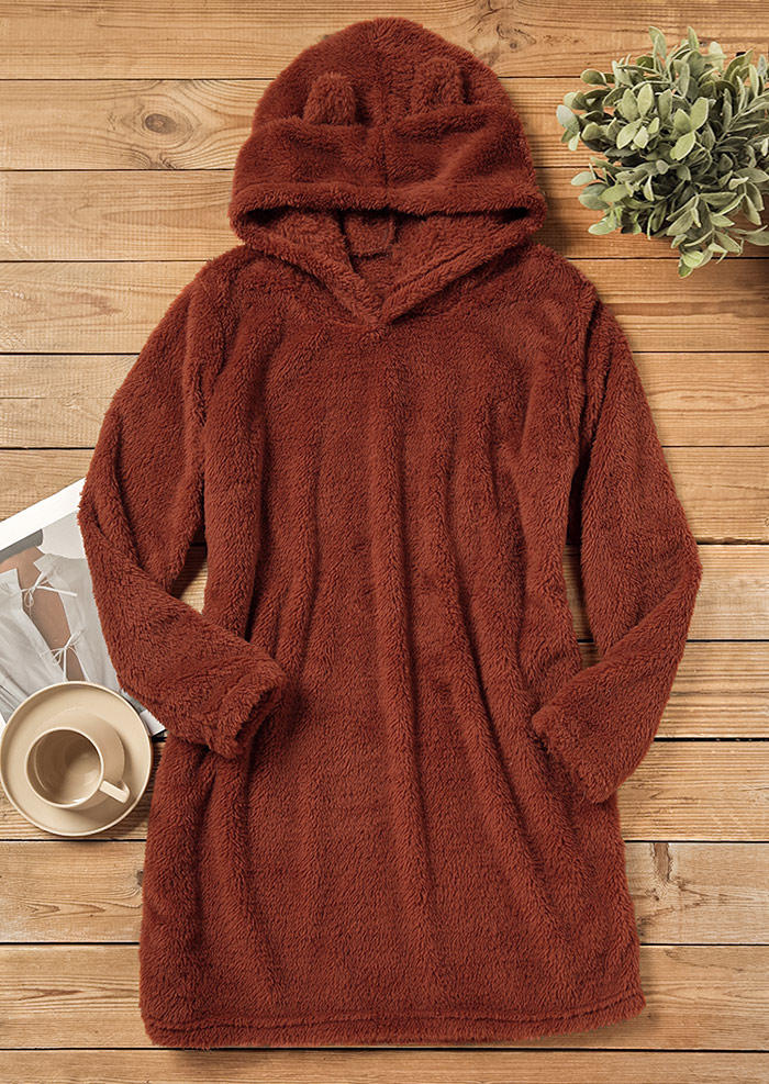 Fuzzy Warm Long Sleeve Hoodie Mini Dress - Brown