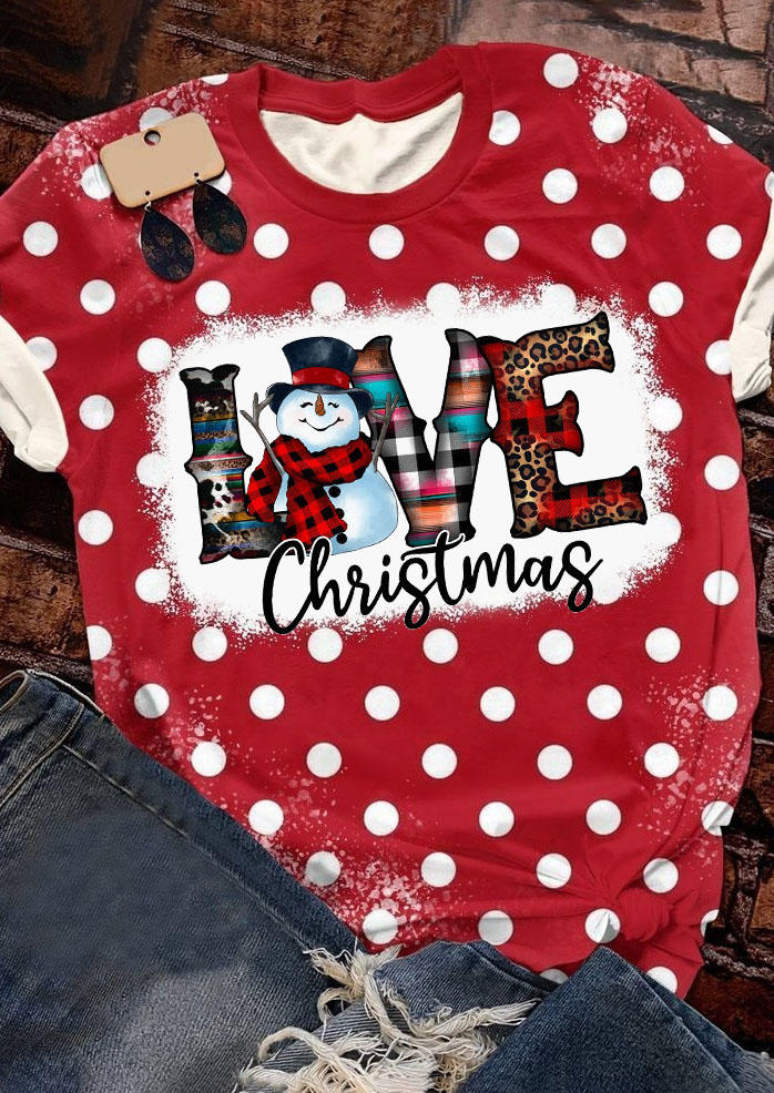 Love Christmas Polka Dot Snowman T-Shirt Tee - Red
