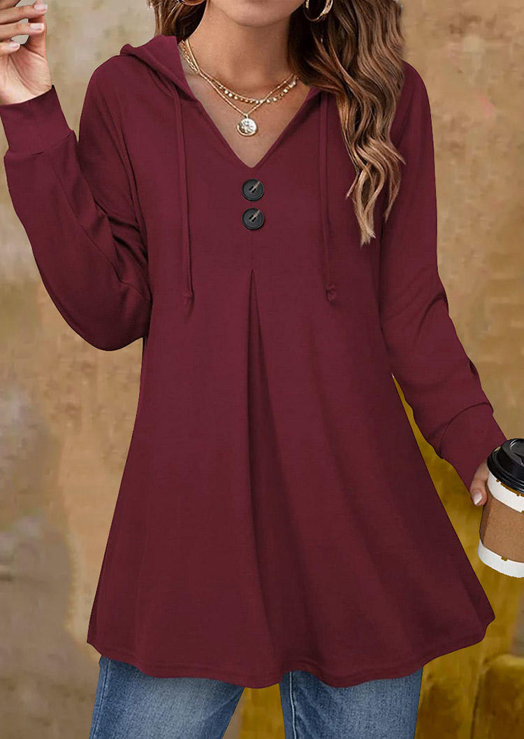 

Hoodies Button Long Sleeve Hoodie - Burgundy in Red. Size