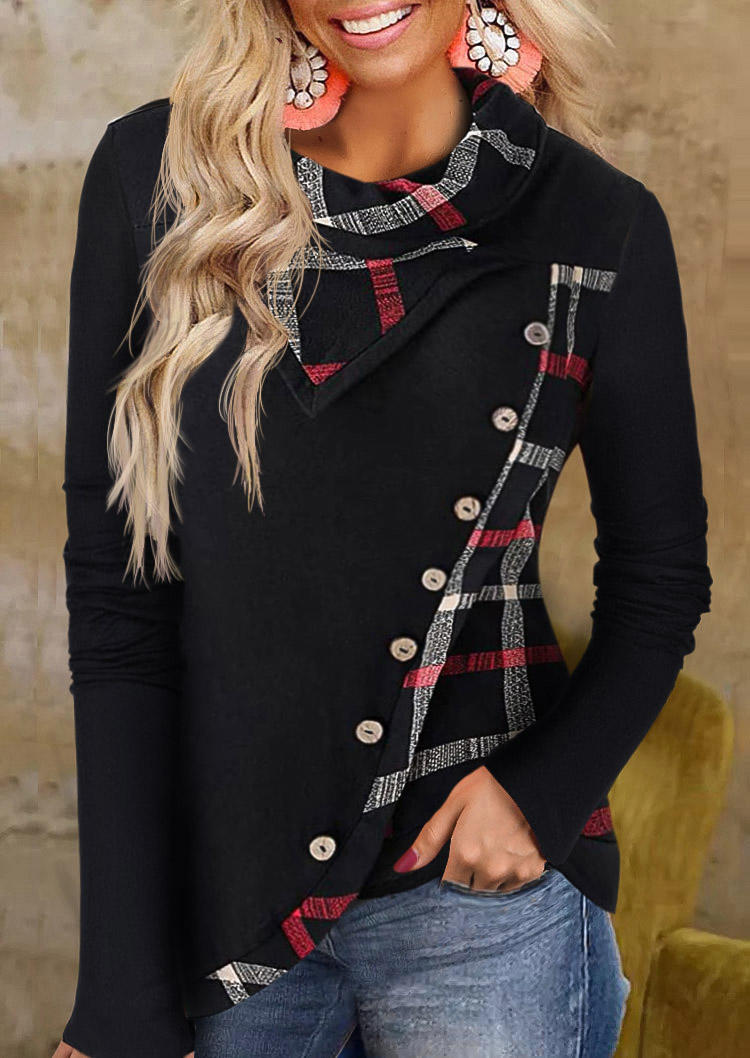 

Blouses Plaid Button Long Sleeve Irregular Collar Blouse in Multicolor. Size