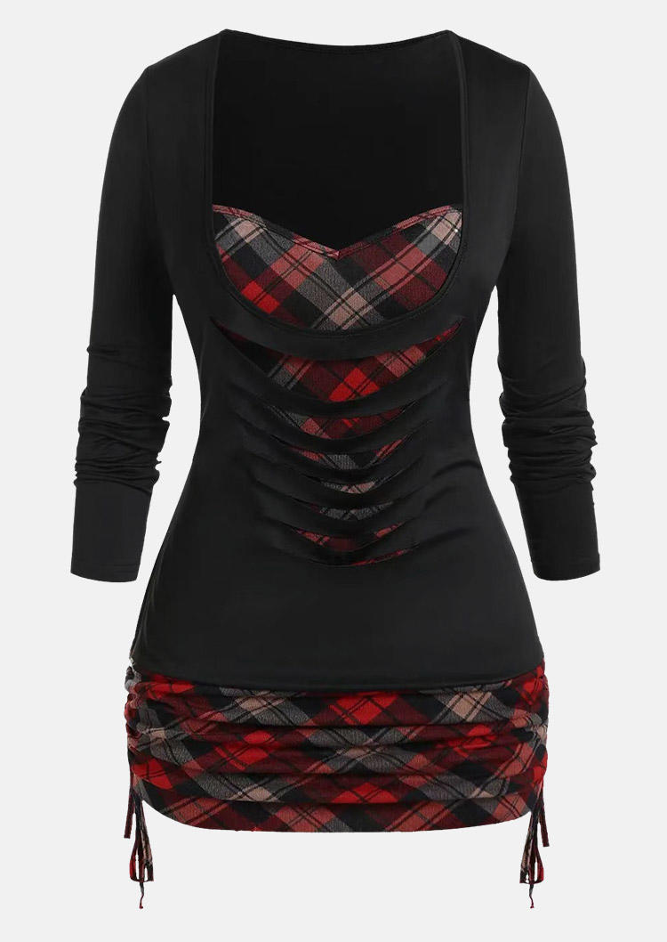 

Blouses Plaid Cut Out Drawstring Fake Two-Piece Blouse in Black. Size: 2XL,3XL