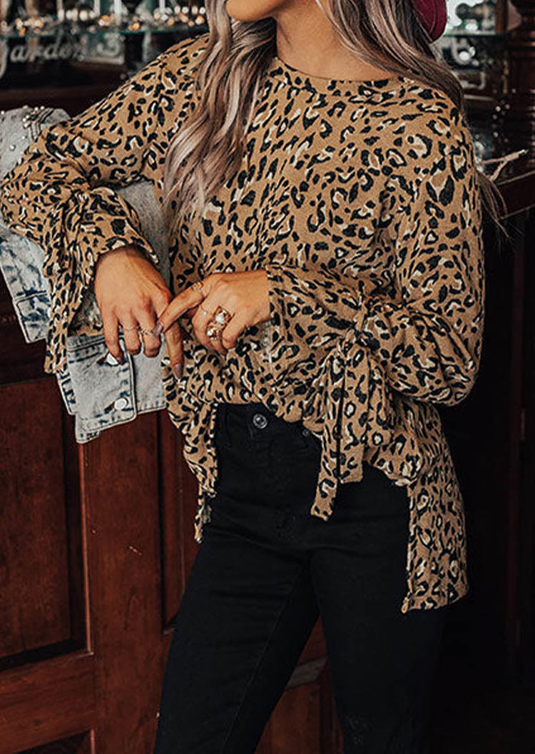 

Blouses Leopard Tie Long Sleeve Slit Blouse in Multicolor. Size