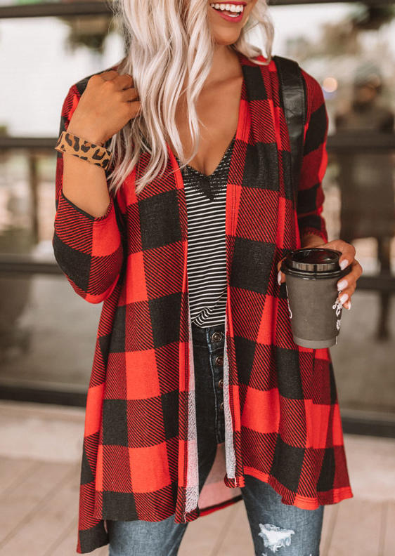 

Cardigans Plaid Long Sleeve Open Front Cardigan in Red. Size