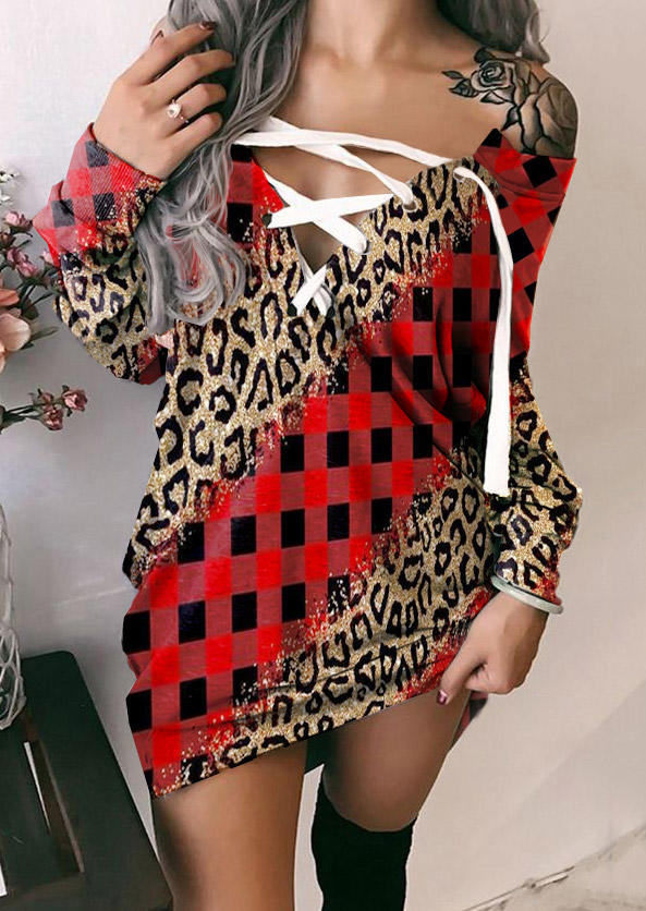 

Mini Dresses Leopard Plaid Lace Up Mini Dress in Multicolor. Size: L,M,,XL