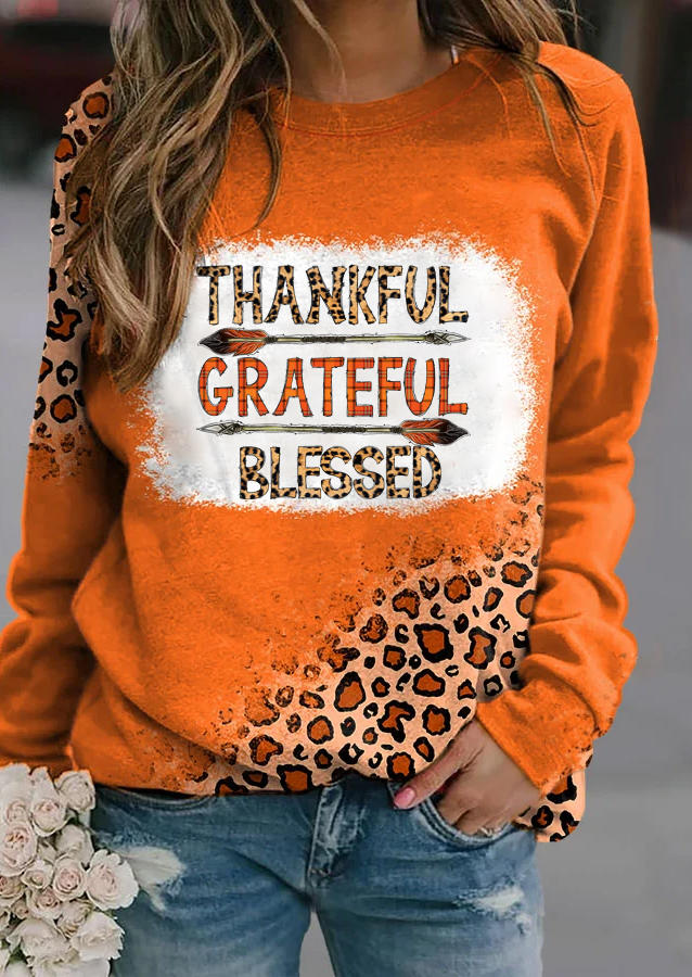 Sweatshirts Thankful Grateful Blessed Leopard Plaid Arrow  Bleached Sweatshirt in Orange. Size: M,S