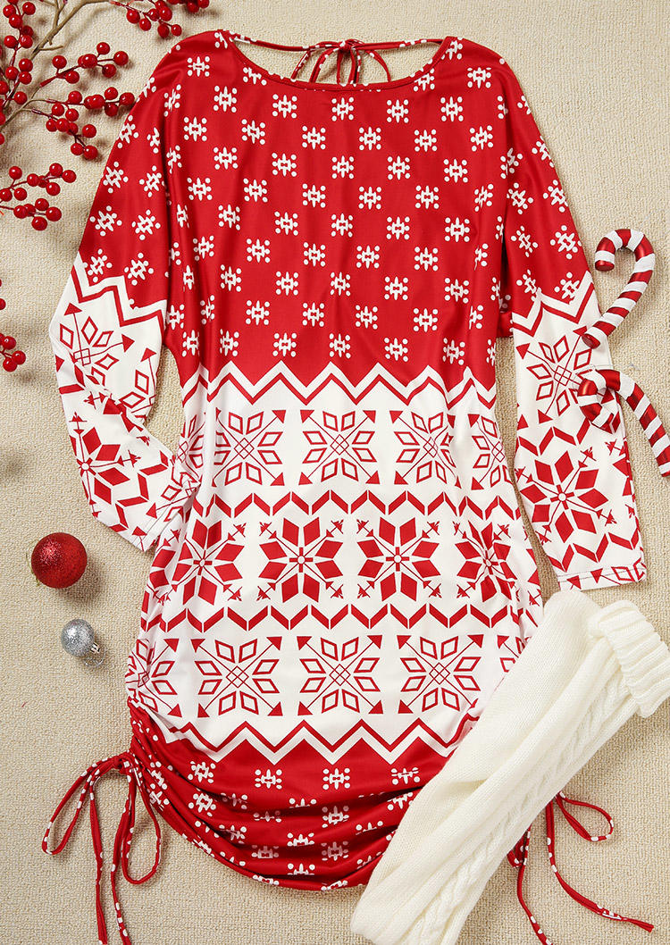 Mini Dresses Christmas Snowflake Open Back Drawstring Mini Dress in Multicolor. Size: L,M,XL