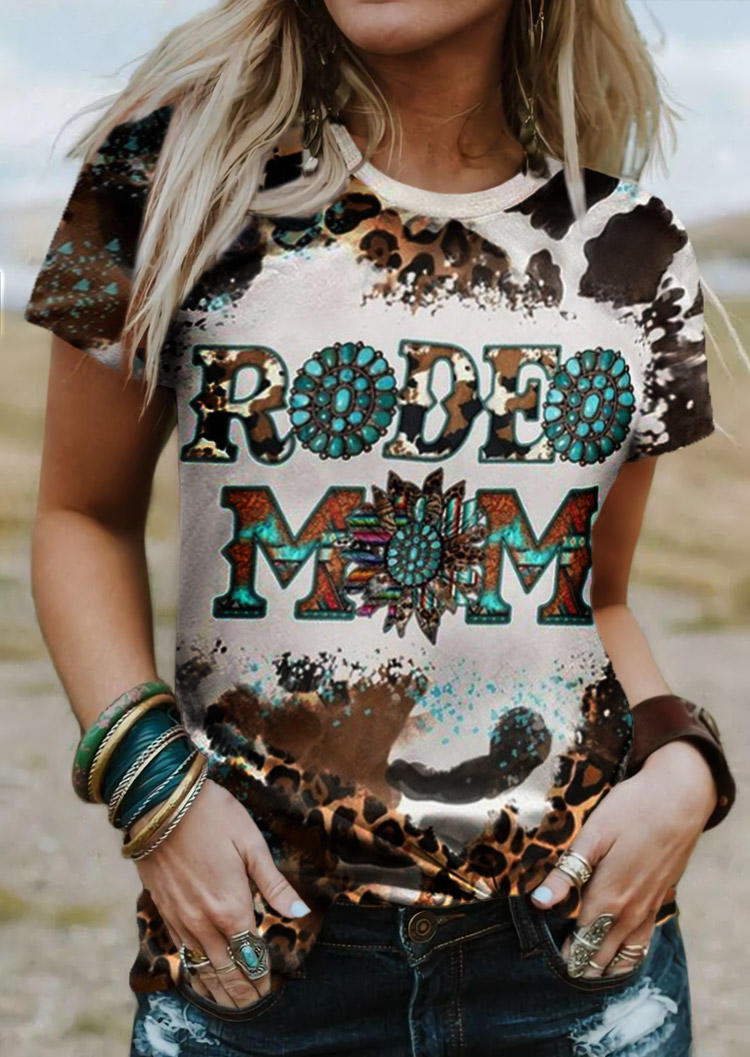Rodeo Mom Leopard Turquoise Bleached O-Neck T-Shirt Tee