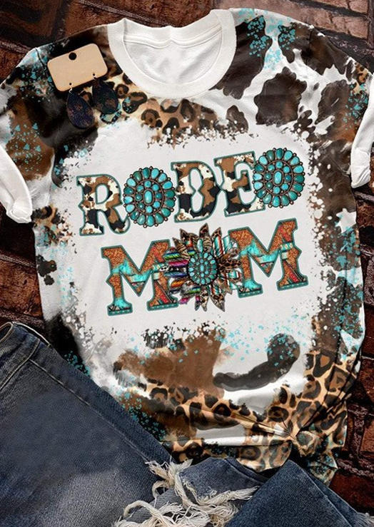 T-shirts Tees Rodeo Mom Leopard Turquoise Bleached O-Neck T-Shirt Tee in Multicolor. Size: M,S