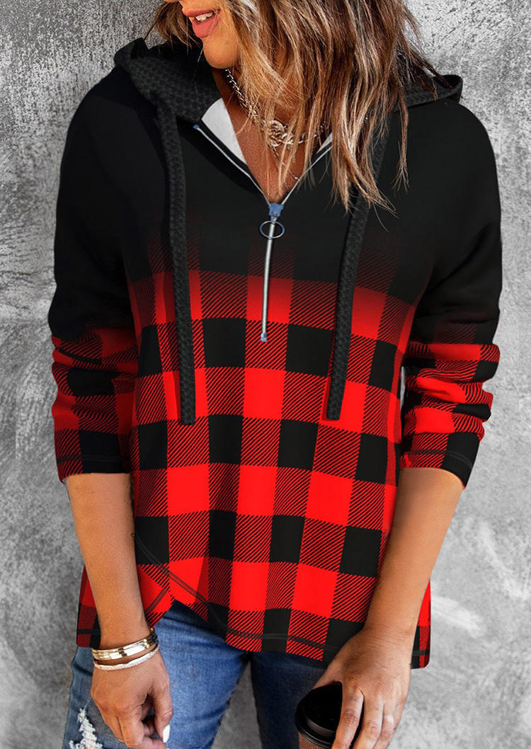 

Hoodies Gradient Plaid Zipper Drawstring Hoodie in Multicolor. Size: M