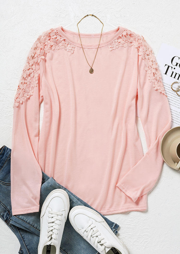 

Blouses Lace Splicing Long Sleeve Blouse in Pink. Size