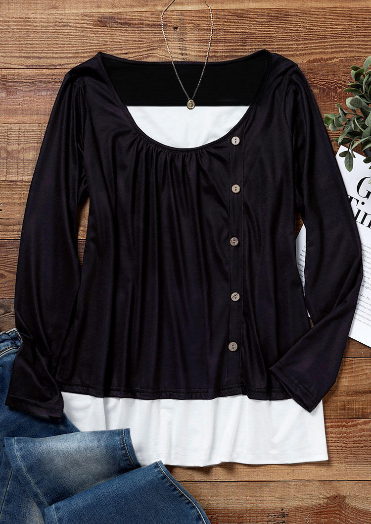 

Blouses Side Button Fake Two-Piece Long Sleeve Blouse in Black. Size
