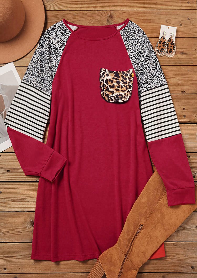 

Mini Dresses Leopard Striped Pocket Mini Dress in Red. Size: L,M,,XL