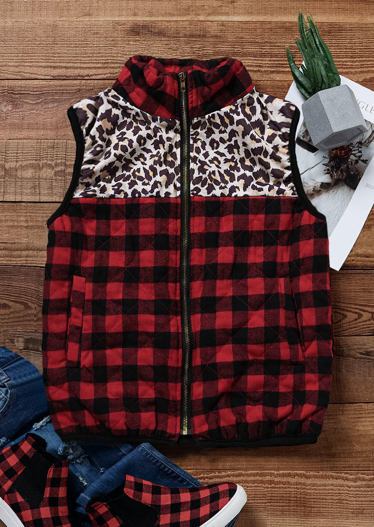 Coats Leopard Plaid Zipper Pocket Sleeveless Vest Coat in Multicolor. Size: M,S,XL