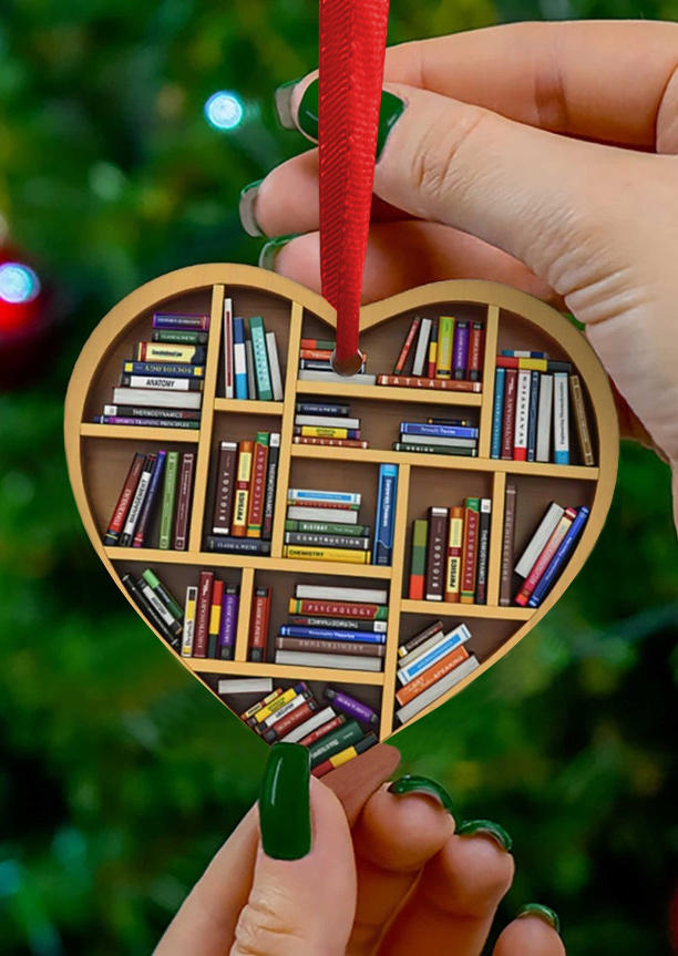 Christmas Decoration Book Lovers One-Sided Heart Hanging Ornament in Multicolor. Size: One Size