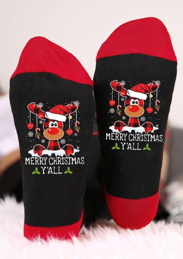 

Crew Socks Merry Christmas Y'all Reindeer Crew Socks in Black. Size