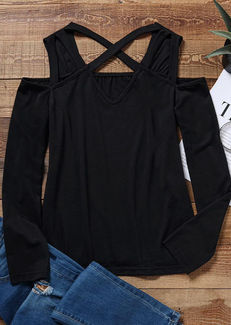 

Blouses Criss-Cross Hollow Out Cold Shoulder Blouse in Black. Size