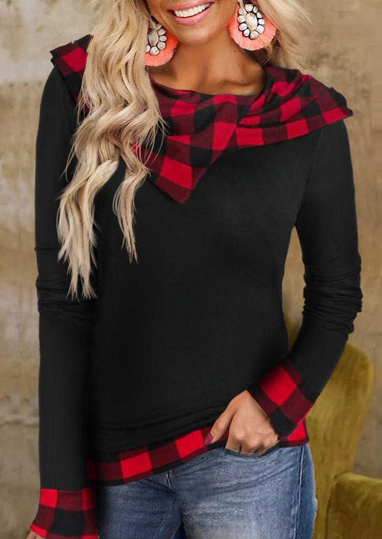 Plaid Long Sleeve Hooded Blouse