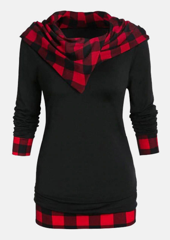 

Blouses Plaid Long Sleeve Hooded Blouse in Multicolor. Size