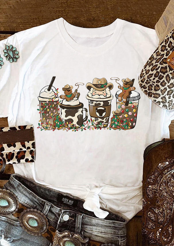 

T-shirts Tees Cow Lantern Gingerbread Man O-Neck T-Shirt Tee in White. Size