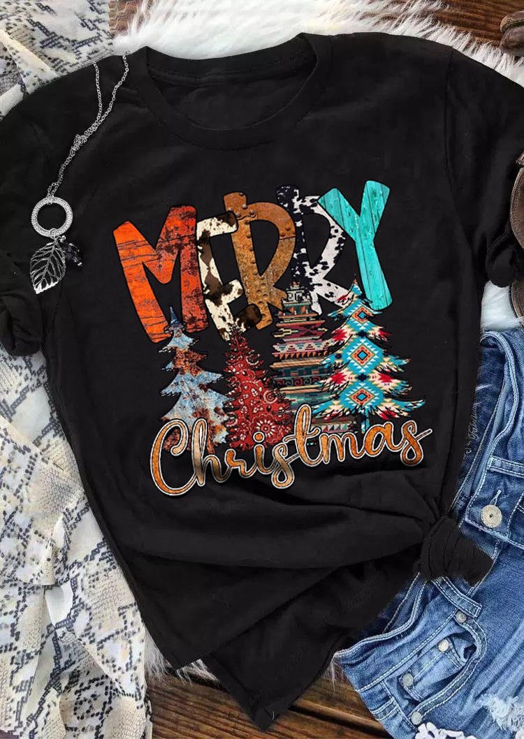 

T-shirts Tees Merry Christmas Aztec Geometric Tree T-Shirt Tee in Black. Size: 2XL,3XL,L,M,S