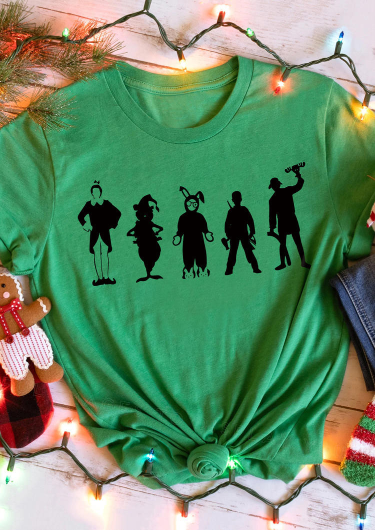 T-shirts Tees Christmas Silhouette O-Neck T-Shirt Tee in Green. Size: L,S
