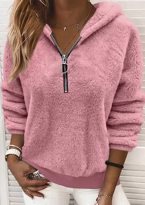 

Hoodies Plush Long Sleeve Zipper Hoodie in Pink. Size