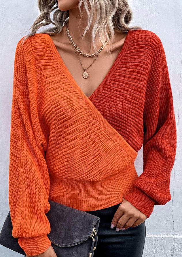 

Sweaters Color Block Long Sleeve Wrap V-Neck Sweater in Multicolor. Size: L,M,,XL