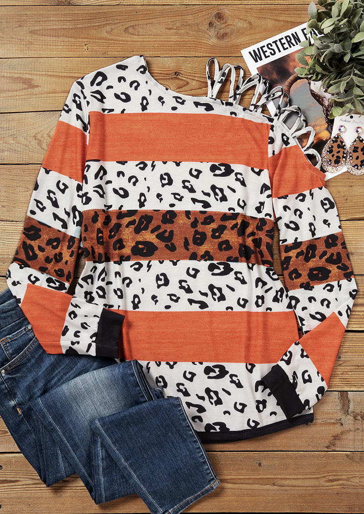 

Blouses Leopard Color Block One Sided Cold Shoulder Blouse in Multicolor. Size