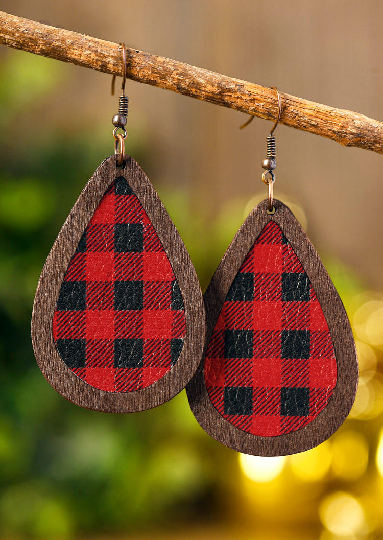Earrings Plaid PU Leather Water Drop Earrings in Green,Red. Size: One Size