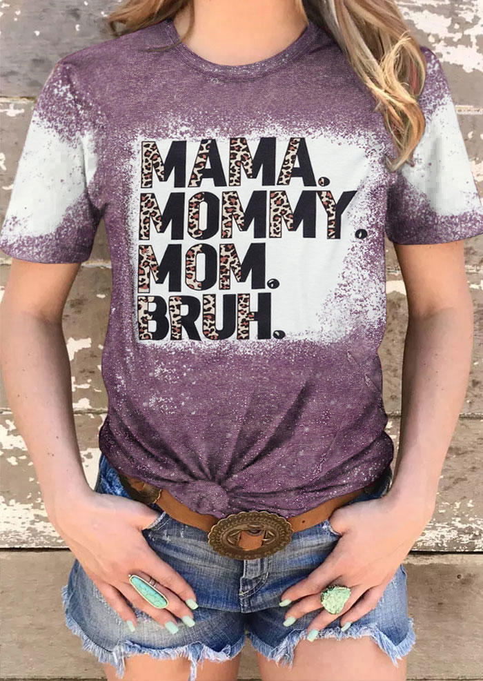 Mama Mommy Mom Bruh Leopard Bleached T-Shirt Tee - Purple