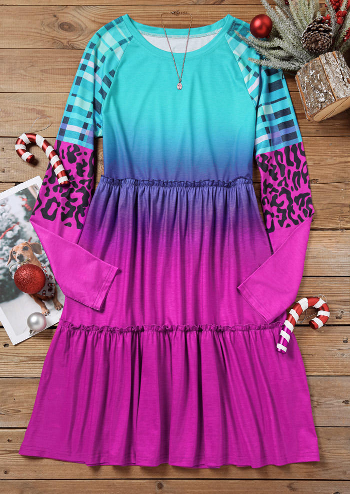 

Mini Dresses Gradient Leopard Plaid Ruffled O-Neck Mini Dress in Multicolor. Size: L,M,,XL